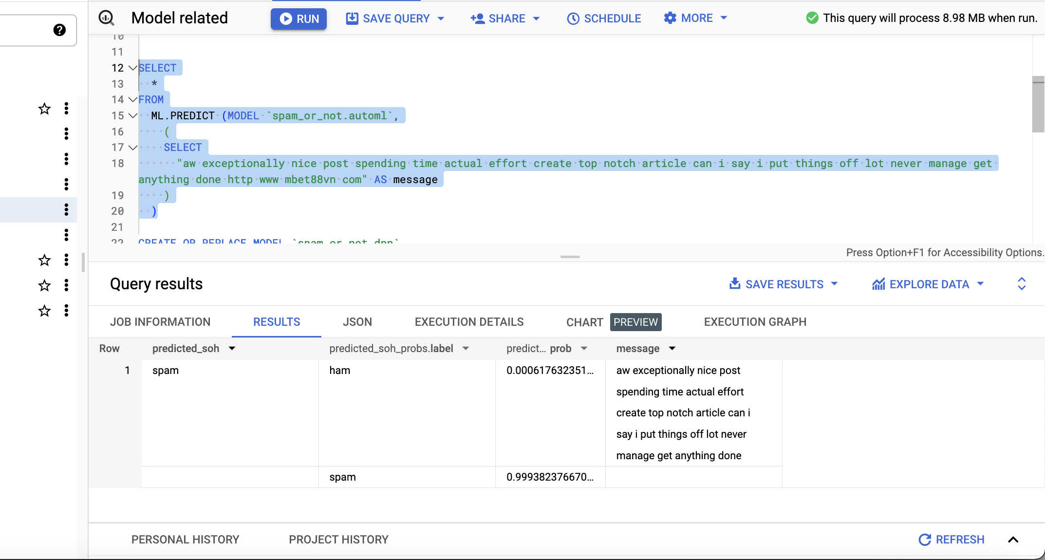 SQL Query for ML prediction