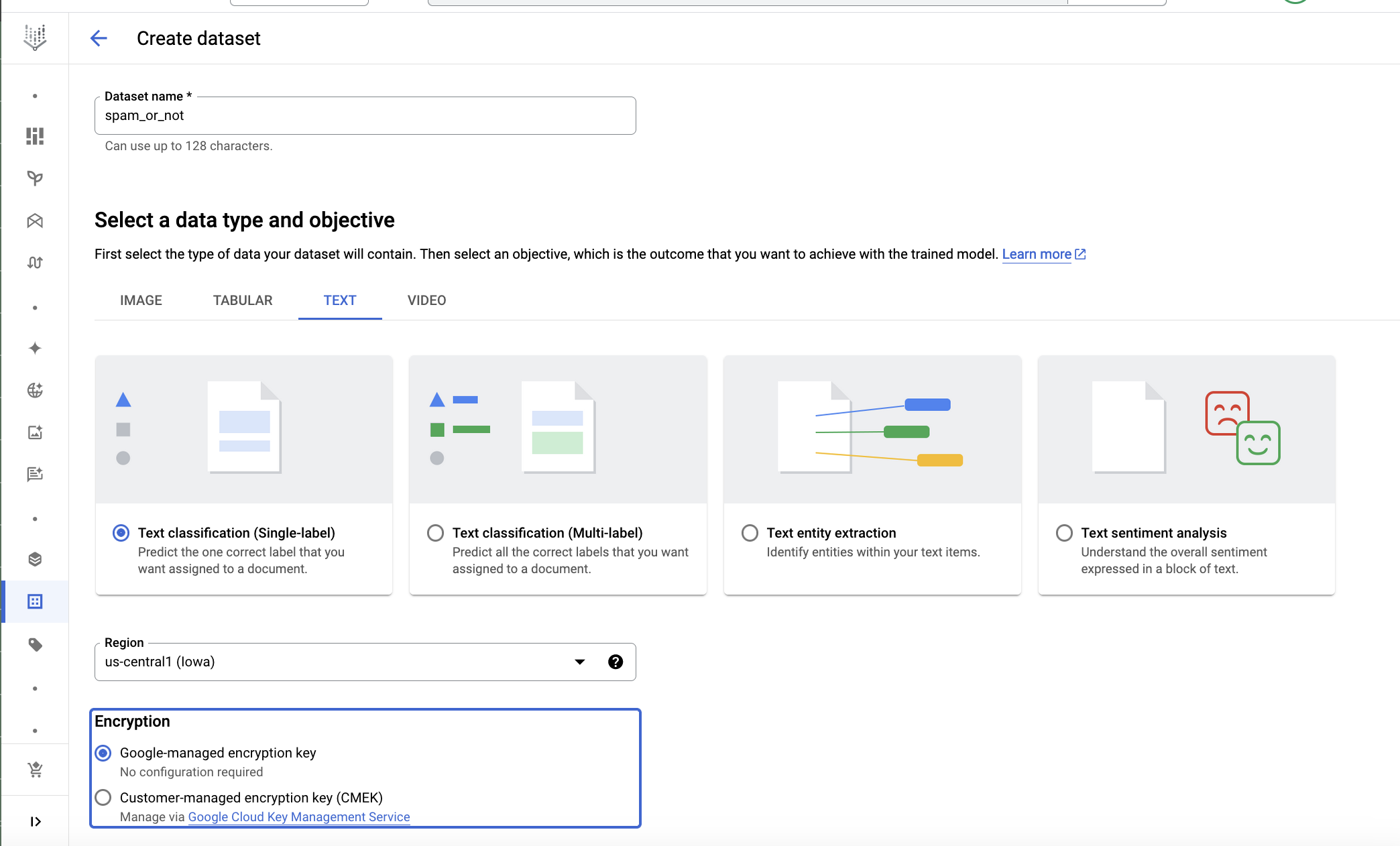 Create Vertex AI Dataset Step 1